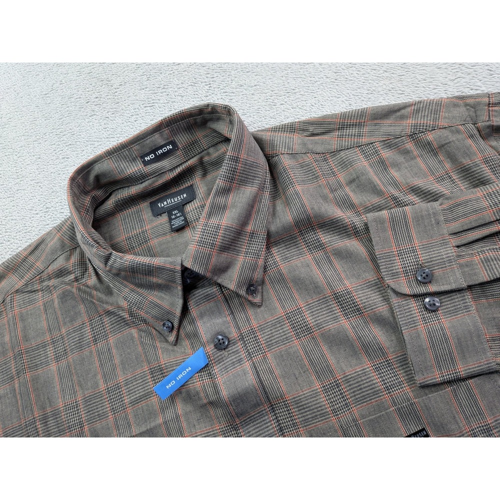 Van Heusen No Iron Plaid Button Down Shirt Mens XXL Brown Orange Long Sleeve
